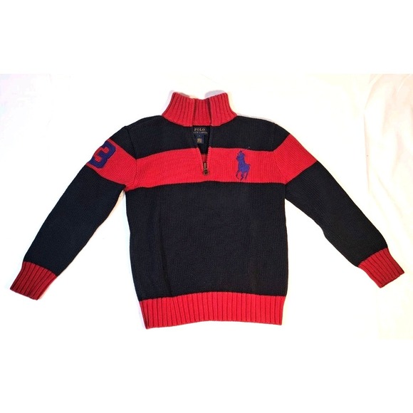 Polo Ralph Lauren Kids Navy Red Striped Quarter Zip Sweater Pony Logo Size 7 - Picture 2 of 9